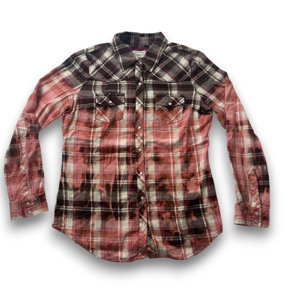 Studio 11 Boutique Bleached Plaid Western Flannel Shirt Pink Brown Pearl Snap